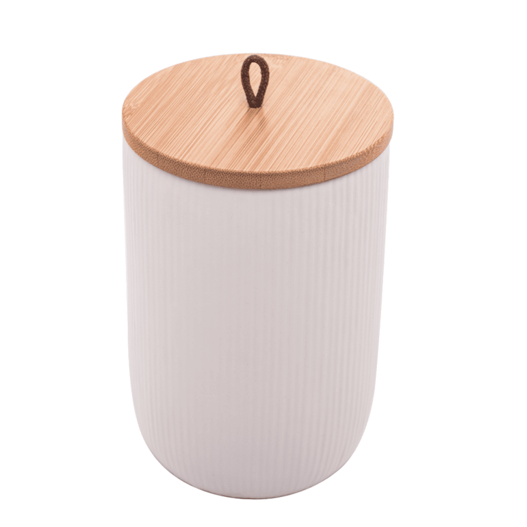 Pote de Cerâmica Com Tampa de Bambu 10cm x 10cm x 15cm Branco Lyor