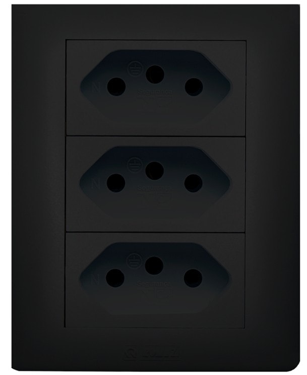 Tomada Tripla 10A 2 Pinos +Terra Sobrepor Preto Jeri Romazi