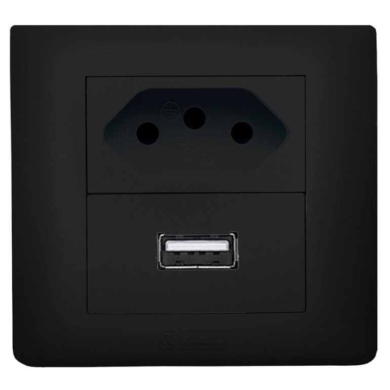 Tomada USB + Tomada Simples 10A Sobrepor Preto Jeri Romazi
